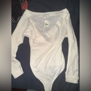 Free People Cream Wrap-Style Long Sleeve Bodysuit